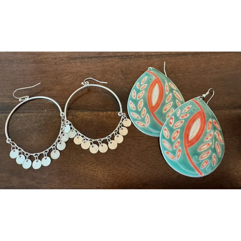 2‎ Pair Dangle Earrings with Silver Tone Metal Accents Used Pierced Ears
